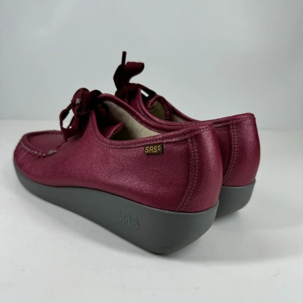 SAS Bounce Women's 11.5M Cranberry Burgundy Leather Lace-Up Wedge Moccasin Shoes